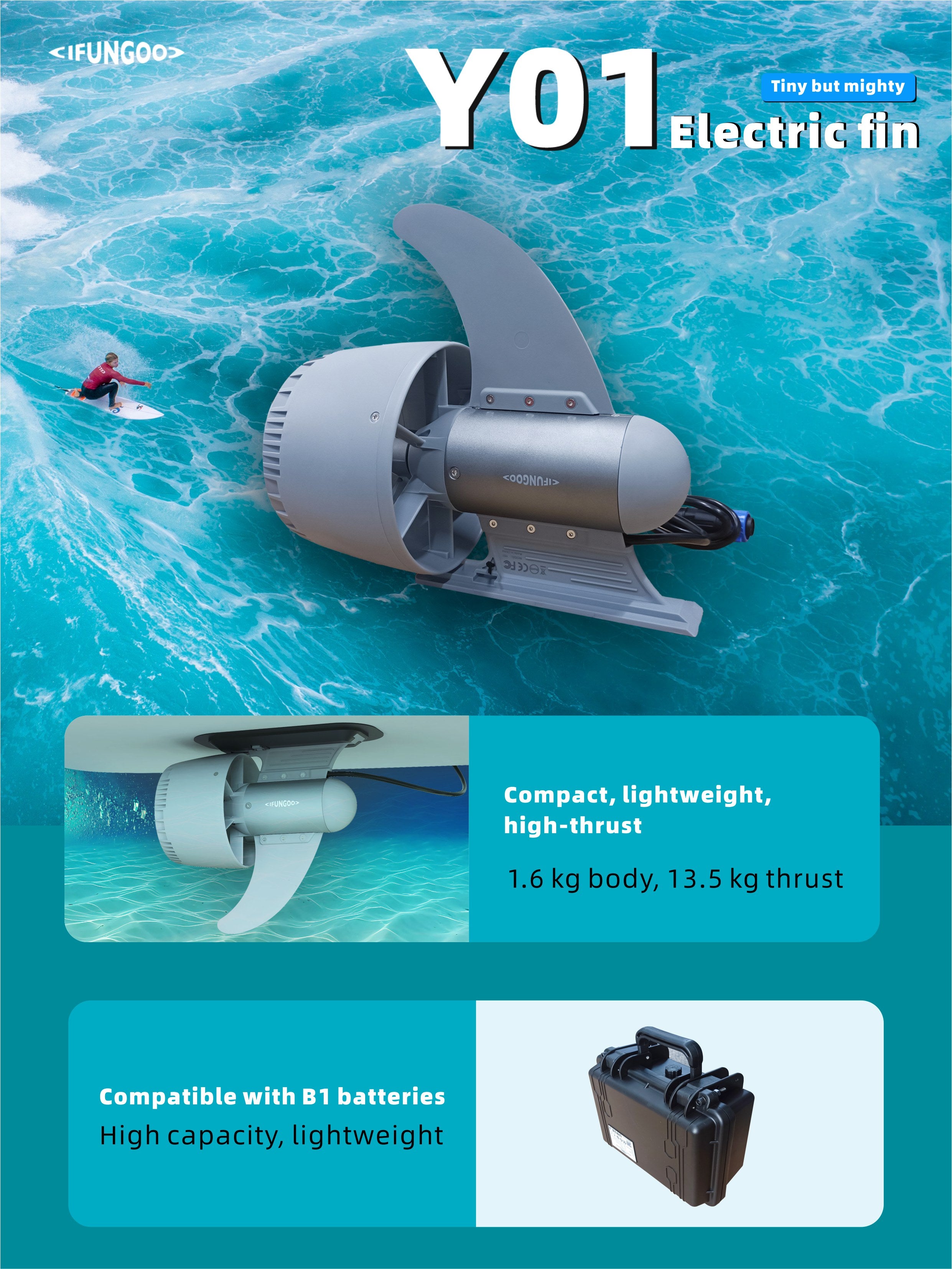 HAVOSPARK Y01 Electric Underwater Thruster for SUP – 600W, 13.5kg Thrust, 3 Forward & 1 Reverse Gear