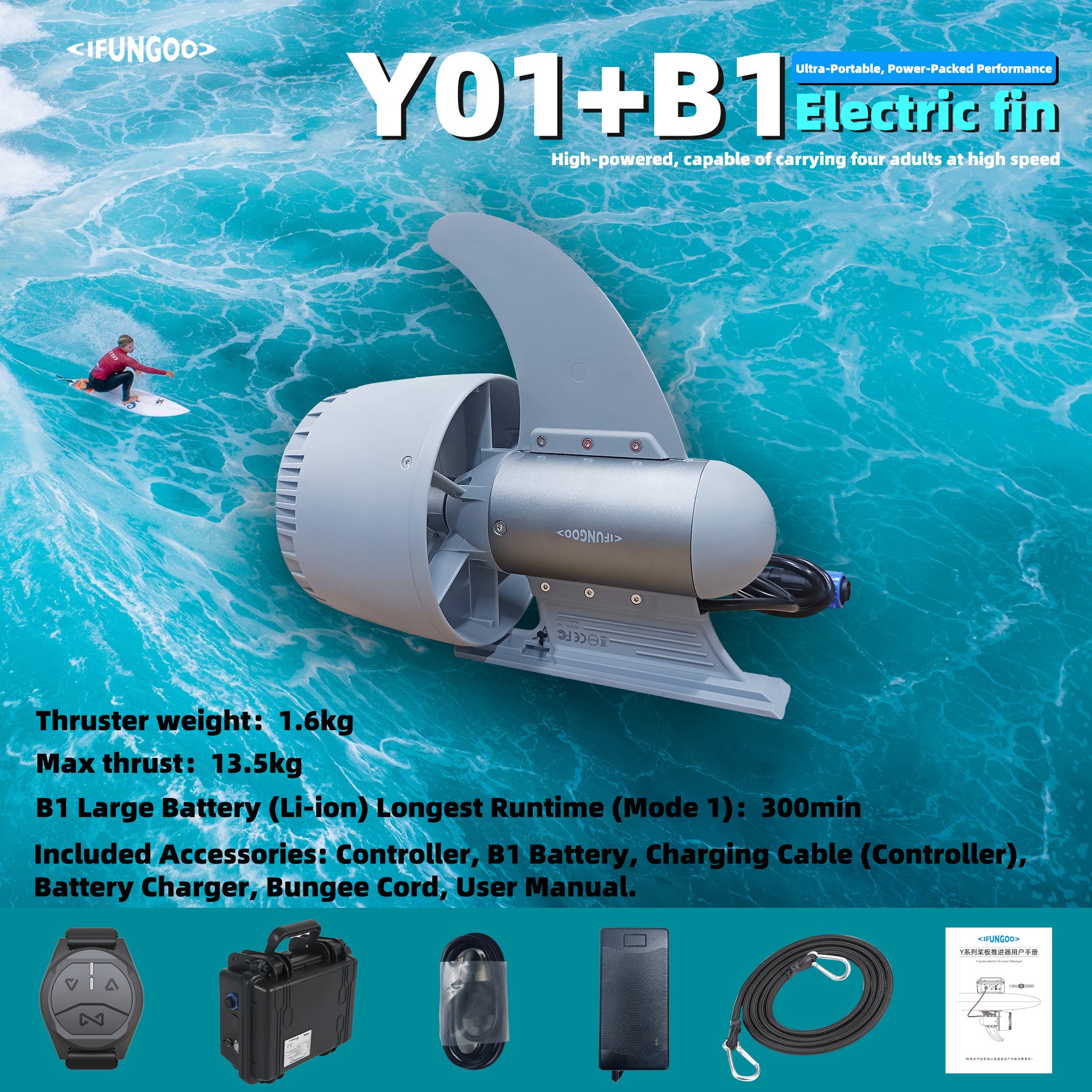 HAVOSPARK Y01 Electric Underwater Thruster for SUP – 600W, 13.5kg Thrust, 3 Forward & 1 Reverse Gear